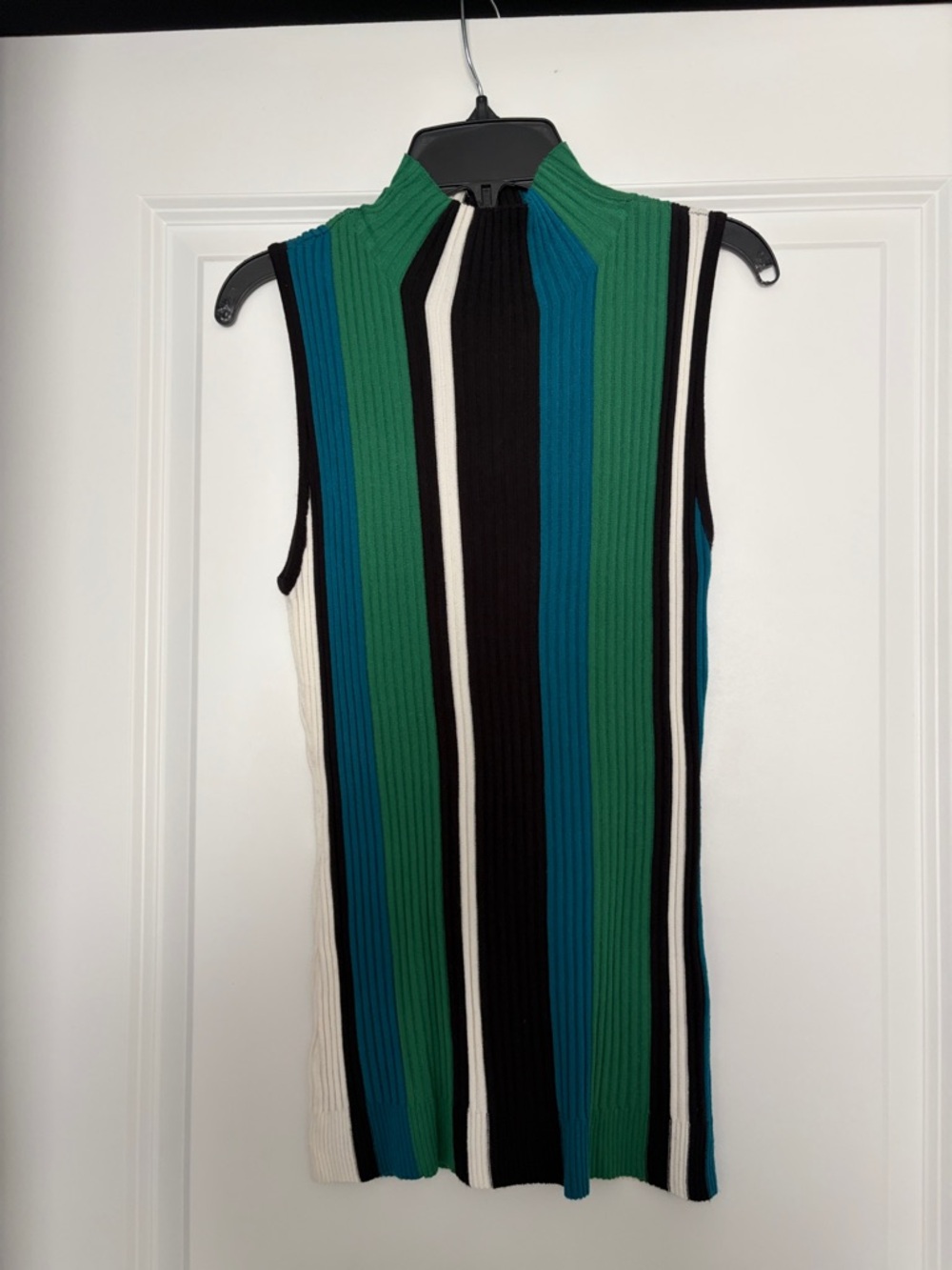 Sleeveless Ribbed Stripe Mock Neck Top — Green, Teal, Black, White
